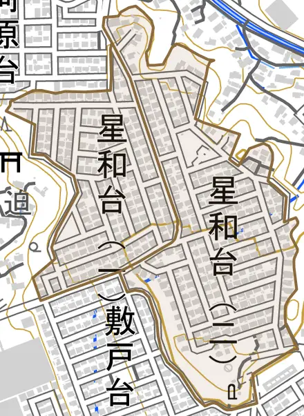 星和台とその周辺の地図。町の範囲を重ねている