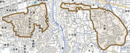 大字千歳とその周辺の地図。町の範囲を重ねている