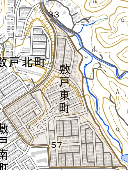 敷戸東町とその周辺の地図。町の範囲を重ねている