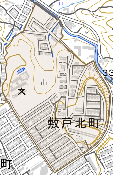 敷戸北町とその周辺の地図。町の範囲を重ねている