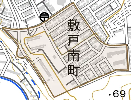 敷戸南町とその周辺の地図。町の範囲を重ねている