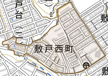 敷戸西町とその周辺の地図。町の範囲を重ねている