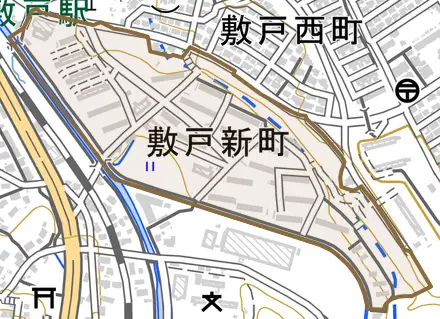 敷戸新町とその周辺の地図。町の範囲を重ねている
