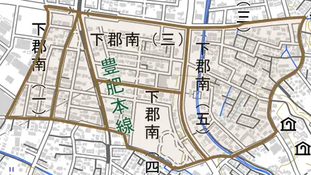 下郡南とその周辺の地図。町の範囲を重ねている