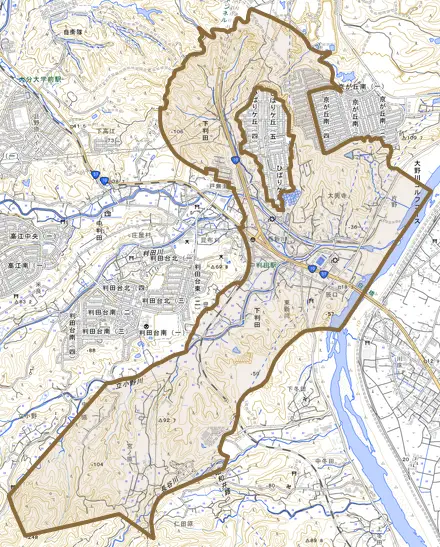 大字下判田とその周辺の地図。町の範囲を重ねている