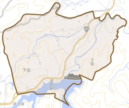 大字下原とその周辺の地図。町の範囲を重ねている