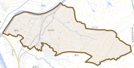 大字下戸次とその周辺の地図。町の範囲を重ねている