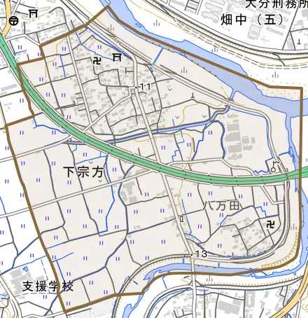 大字下宗方とその周辺の地図。町の範囲を重ねている