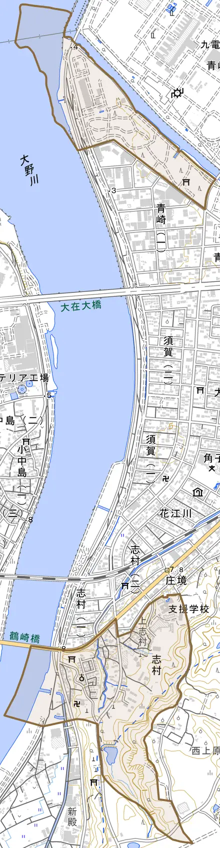 大字志村とその周辺の地図。町の範囲を重ねている