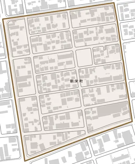 新栄町とその周辺の地図。町の範囲を重ねている