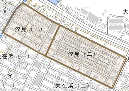 汐見とその周辺の地図。町の範囲を重ねている