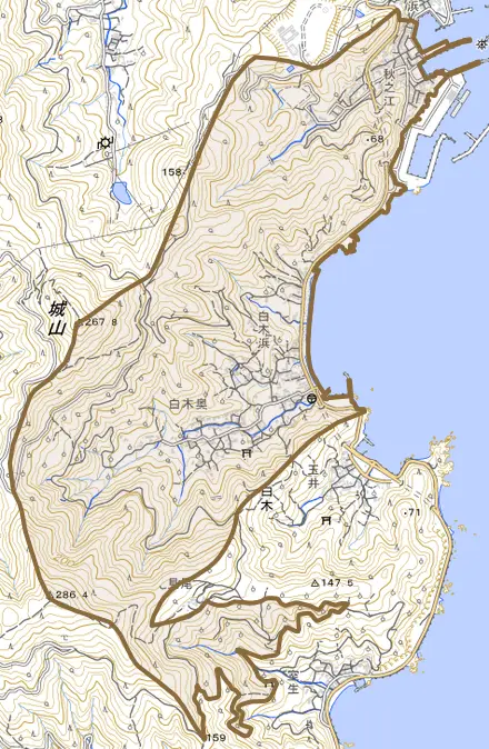 大字白木とその周辺の地図。町の範囲を重ねている