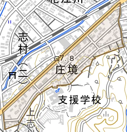 庄境とその周辺の地図。町の範囲を重ねている