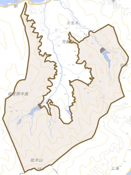 大字志生木とその周辺の地図。町の範囲を重ねている