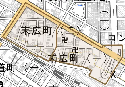 末広町とその周辺の地図。町の範囲を重ねている