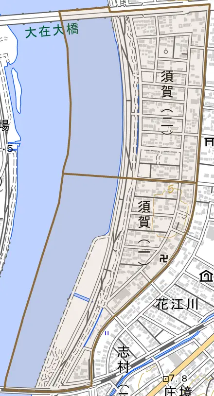 須賀とその周辺の地図。町の範囲を重ねている