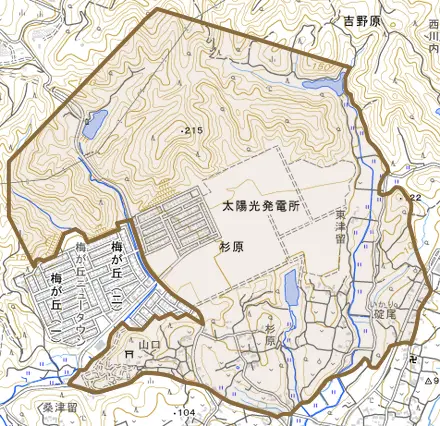 大字杉原とその周辺の地図。町の範囲を重ねている