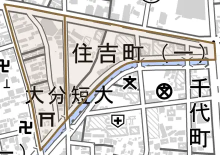 住吉町とその周辺の地図。町の範囲を重ねている