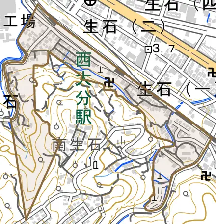 大字生石とその周辺の地図。町の範囲を重ねている