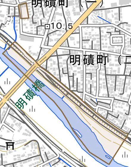 大字奥田とその周辺の地図。町の範囲を重ねている
