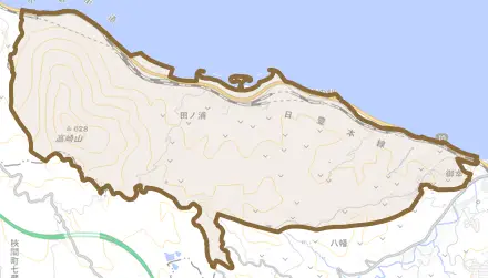 大字神崎とその周辺の地図。町の範囲を重ねている