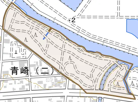 大字北とその周辺の地図。町の範囲を重ねている