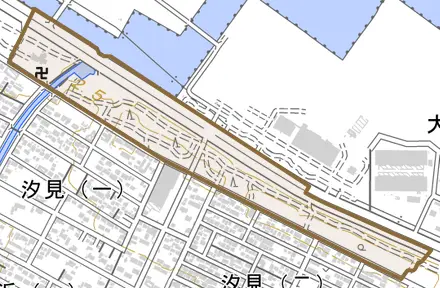 大字浜とその周辺の地図。町の範囲を重ねている