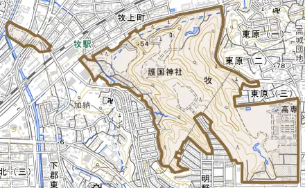 大字牧とその周辺の地図。町の範囲を重ねている
