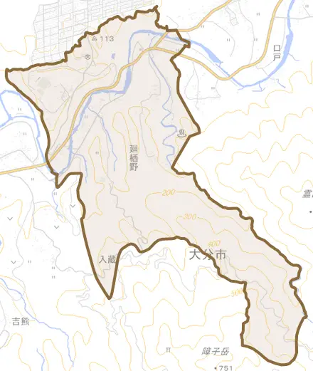 大字廻栖野とその周辺の地図。町の範囲を重ねている