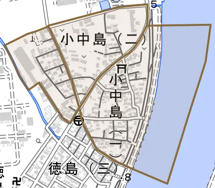 小中島とその周辺の地図。町の範囲を重ねている