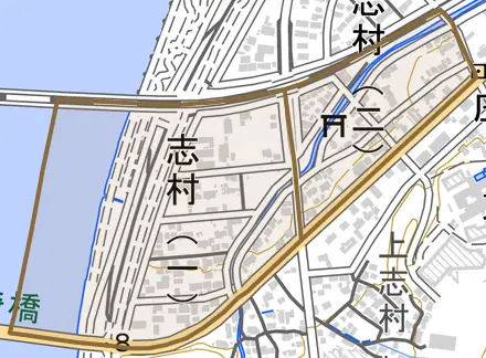 志村とその周辺の地図。町の範囲を重ねている