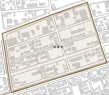 城東町とその周辺の地図。町の範囲を重ねている