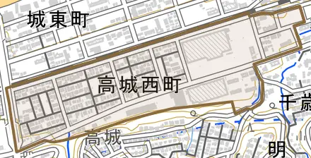 高城西町とその周辺の地図。町の範囲を重ねている