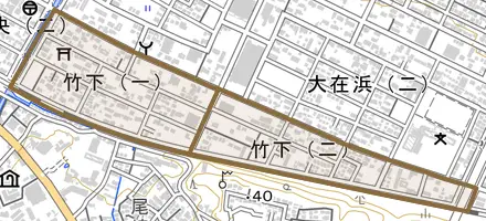 竹下とその周辺の地図。町の範囲を重ねている