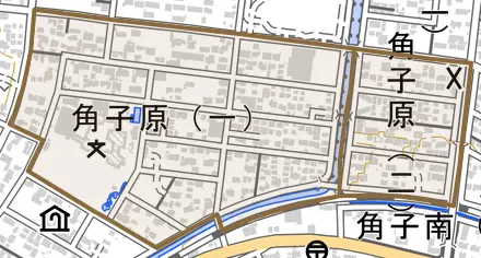 角子原とその周辺の地図。町の範囲を重ねている