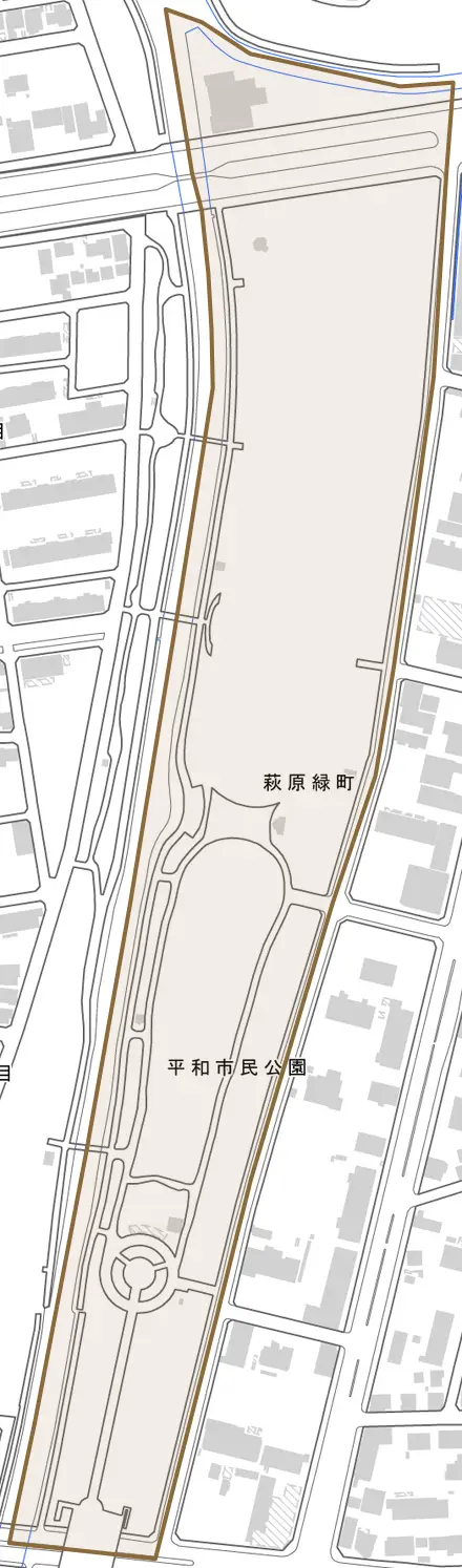 萩原緑町とその周辺の地図。町の範囲を重ねている