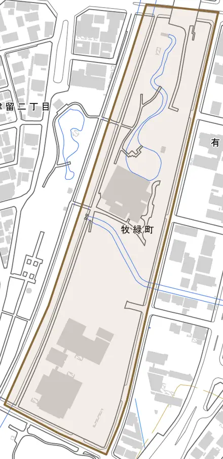 牧緑町とその周辺の地図。町の範囲を重ねている