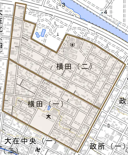 横田とその周辺の地図。町の範囲を重ねている