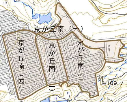 京が丘南とその周辺の地図。町の範囲を重ねている