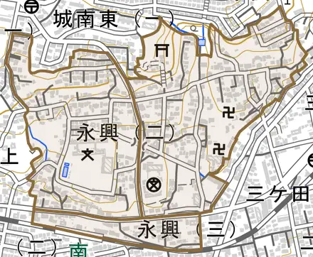 永興とその周辺の地図。町の範囲を重ねている