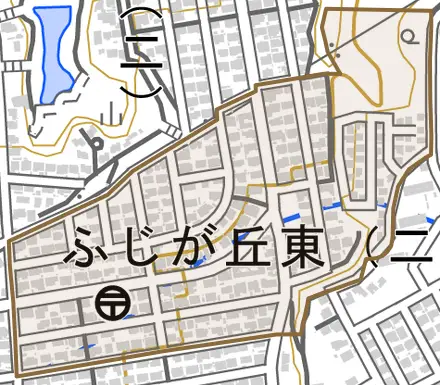 ふじが丘東とその周辺の地図。町の範囲を重ねている