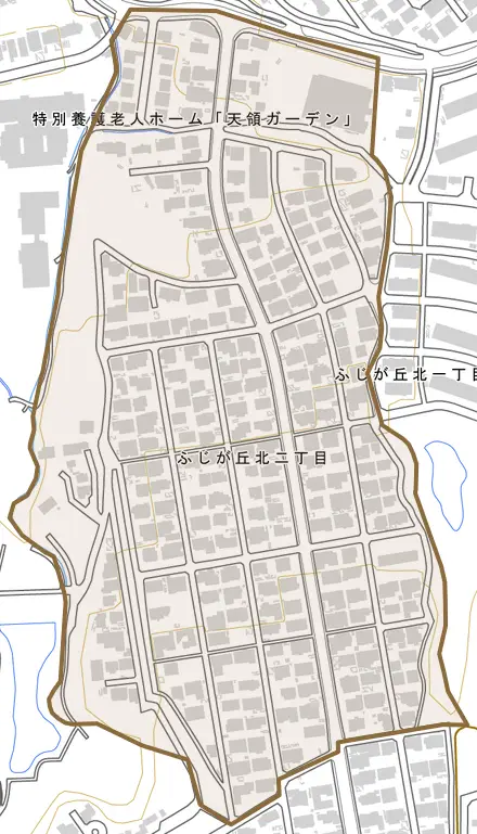 ふじが丘北とその周辺の地図。町の範囲を重ねている
