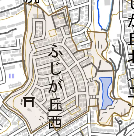 ふじが丘西とその周辺の地図。町の範囲を重ねている