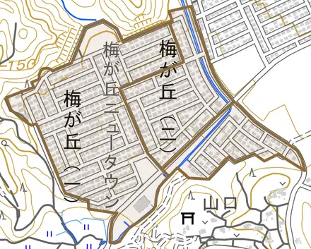 梅が丘とその周辺の地図。町の範囲を重ねている