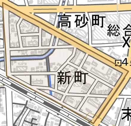 新町とその周辺の地図。町の範囲を重ねている