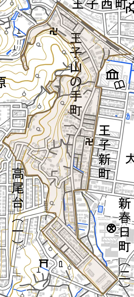王子山の手町とその周辺の地図。町の範囲を重ねている