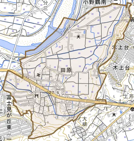 大字田原とその周辺の地図。町の範囲を重ねている