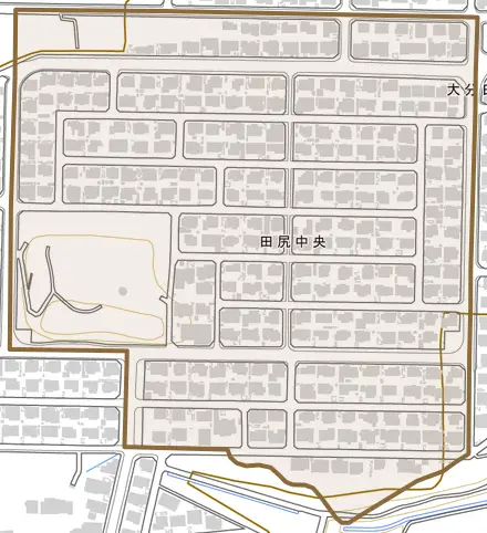 田尻中央とその周辺の地図。町の範囲を重ねている