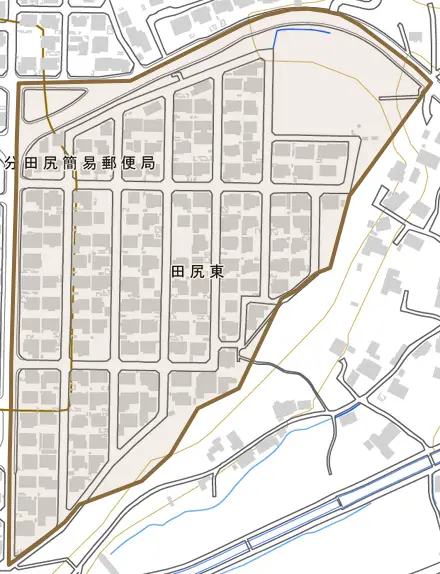 田尻東とその周辺の地図。町の範囲を重ねている