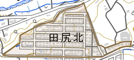 田尻北とその周辺の地図。町の範囲を重ねている